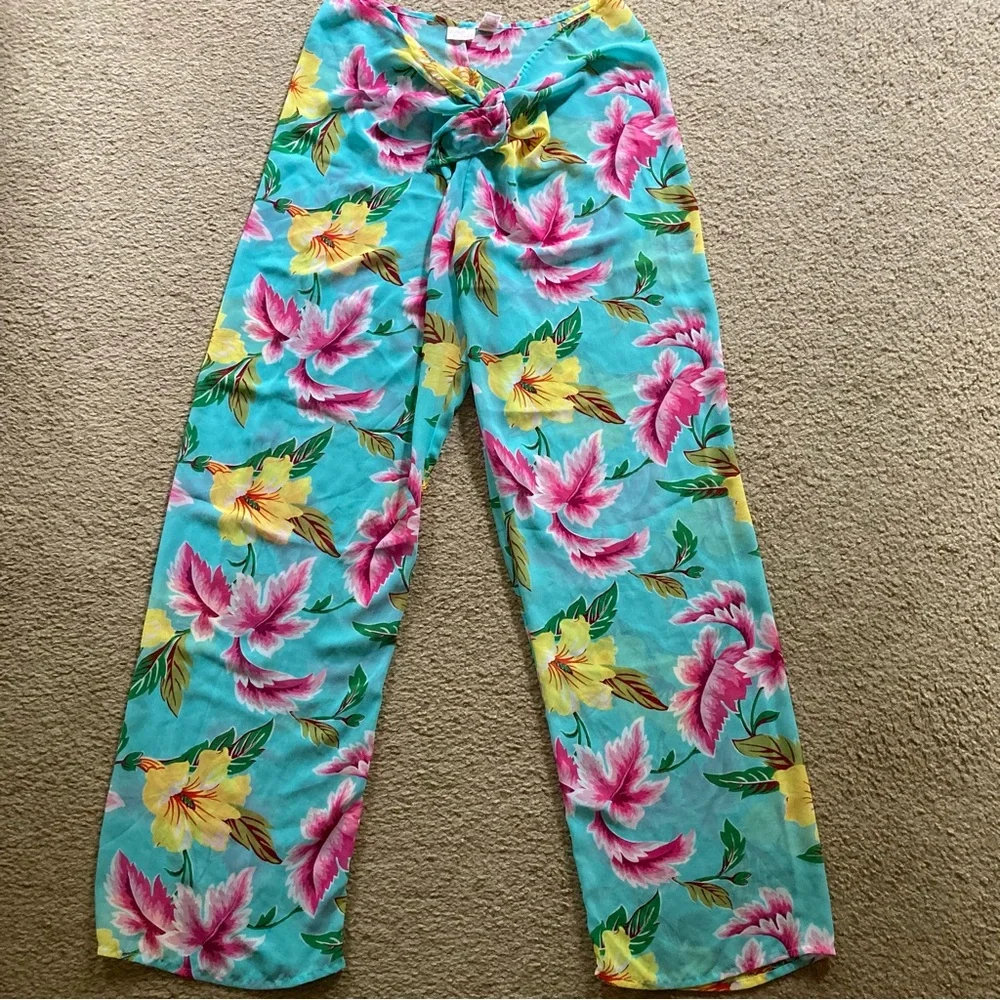 VTG Victoria’s Secret Sheer Tropical Floral Tie Front Flowy Sarong Like Pants, M